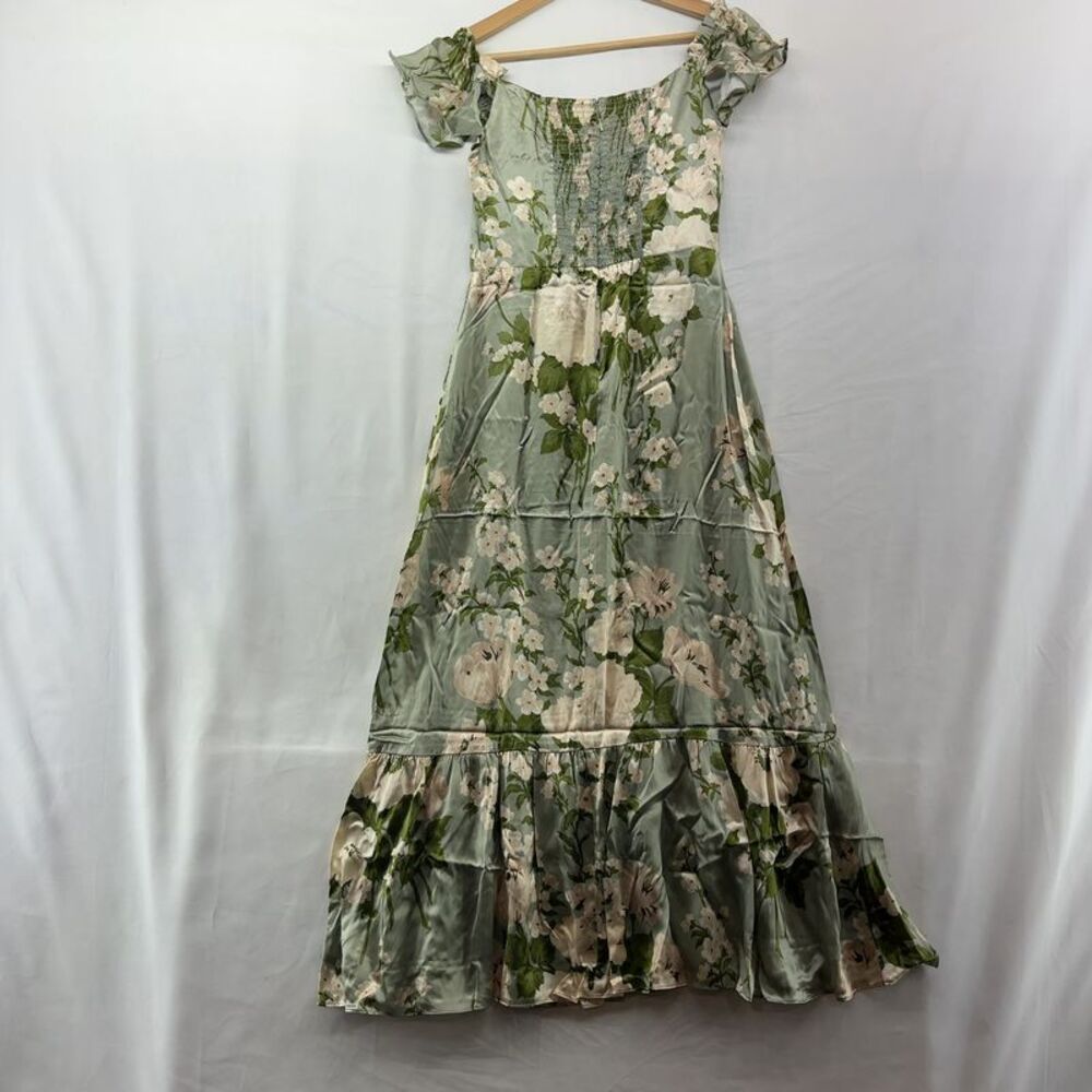 Reformation Sianna Silk Dress In Tarragon Floral Print - Picture 2 of 3